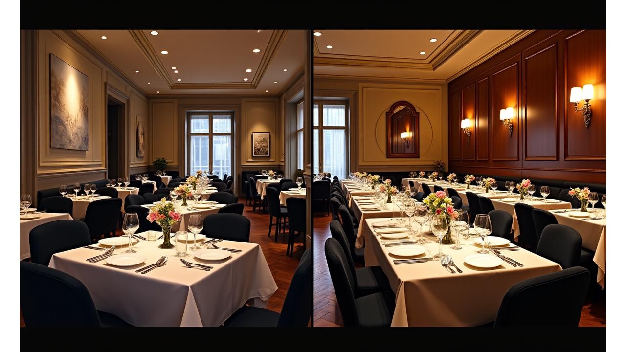Transformation spectaculaire d'un restaurant typiquement parisien d'avant à après l'intervention de Lumière Cuisine, montrant une salle plus moderne et une clientèle élégante.
