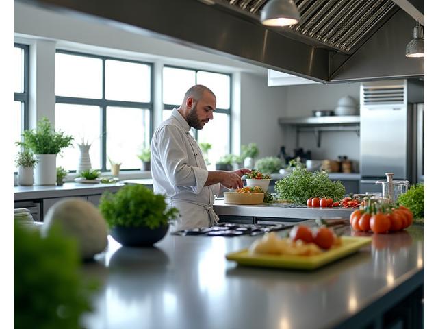 Chef preparing food in a clean, modern kitchen, with focus on minimal waste and organized recycling bins in the background.