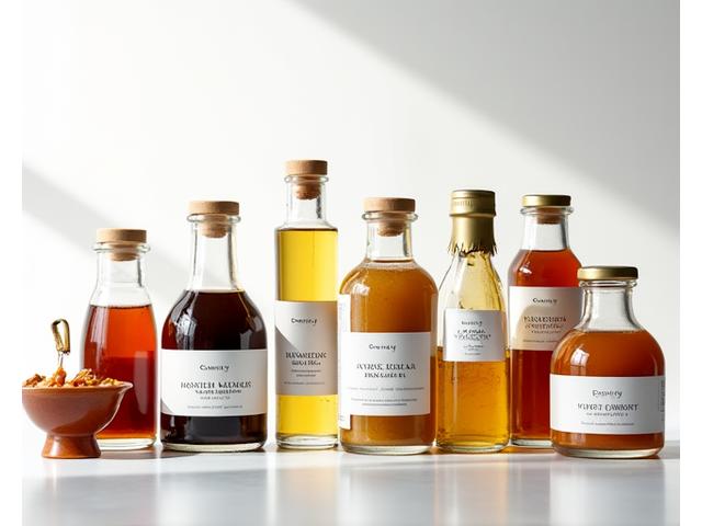 Assortiment de sauces gourmandes et huiles aromatisées Lumière Cuisine dans des bouteilles design.