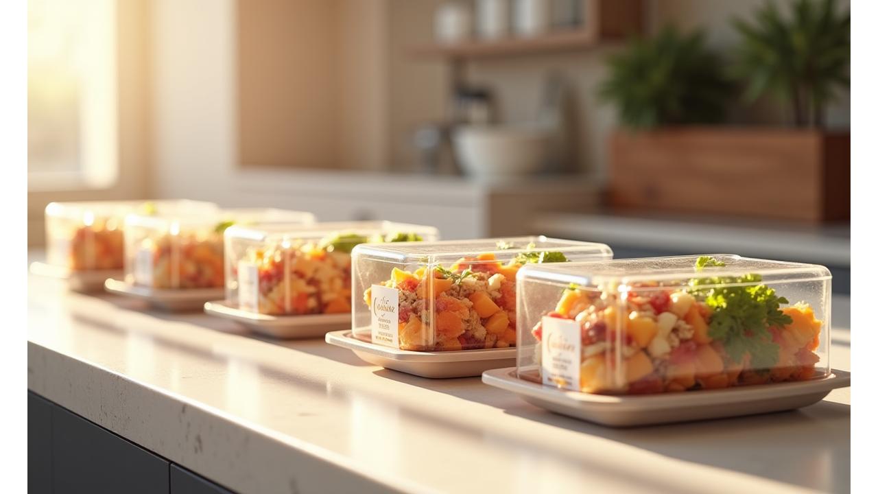 Photo de repas nutritionnels emballés élégamment, prêts pour la livraison à domicile.