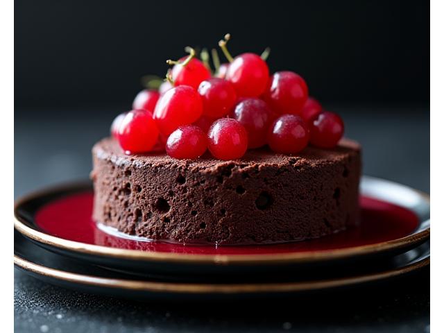 Dessert signature de Lumière Cuisine : création pâtissière complexe avec chocolat et fruits rouges