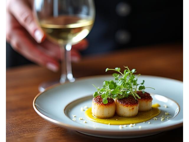 Un sommelier présentant un plat gastronomique délicat avec un verre de vin parfaitement assorti