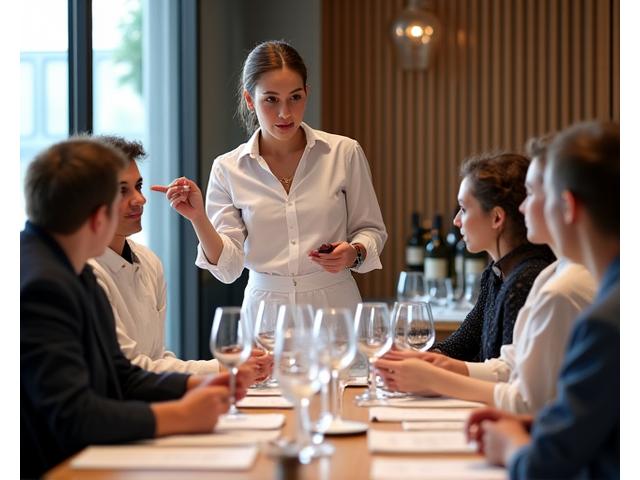 Sommeliers et étudiants en œnologie écoutant attentivement un formateur lors d'un cours de dégustation